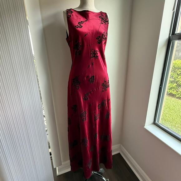 Decked Out Red Satin Maxi Dress Velvet Flocked Floral 90s Inspired - Picture 4 of 7